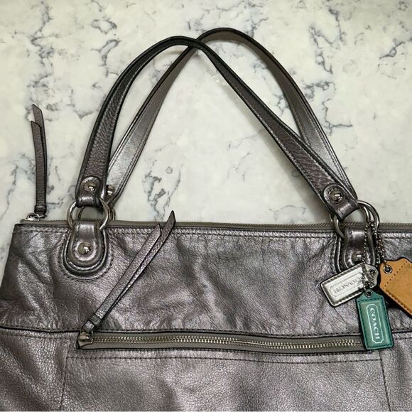 COACH POPPY LEATHER GLAM TOTE BAG ANTHRACITE vintage - Picture 5 of 16